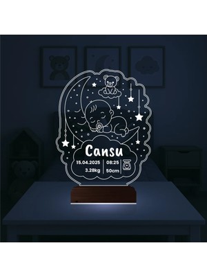 Luvivia Bebek Odası Hediye Ay Ayıcık Yıldızlar Kişiye Özel 3D Lamba - Masa Gece Lambası