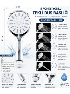 Cmc Tools Cmc6 Banyo Telefon Tek Duş Başlığı 5 Fonksiyonlu Su Duş Başlığı