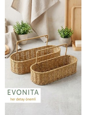 Evonita Oval Doğal Hasır Saplı Organizer Sepet 2’li Set Rattan Görünümlü Çok Amaçlı Düzenleyici