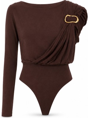 Purple By Banu Kahverengi Omuz Gold Aksesuar Detay Bodysüit