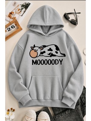 Oksit Sw Moooody Sevimli Inek Ön Baskılı Unisex Oversize Kapüşonlu Sweatshirt - Hoodie