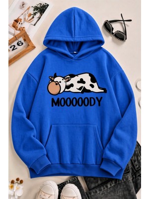 Oksit Sw Moooody Sevimli Inek Ön Baskılı Unisex Oversize Kapüşonlu Sweatshirt - Hoodie