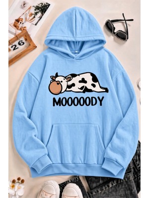 Oksit Sw Moooody Sevimli Inek Ön Baskılı Unisex Oversize Kapüşonlu Sweatshirt - Hoodie