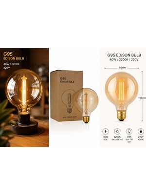 G95 Edison Ampul 40W 2200K E27 Duy Amber Dekoratif Vintage Globe Ampul 220V 5 Adet