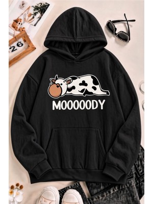 Oksit Sw Moooody Sevimli Inek Ön Baskılı Unisex Oversize Kapüşonlu Sweatshirt - Hoodie