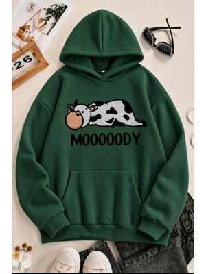 Oksit Sw Moooody Sevimli Inek Ön Baskılı Unisex Oversize Kapüşonlu Sweatshirt - Hoodie