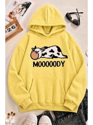 Oksit Sw Moooody Sevimli Inek Ön Baskılı Unisex Oversize Kapüşonlu Sweatshirt - Hoodie