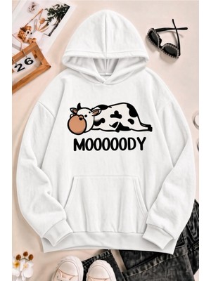 Oksit Sw Moooody Sevimli Inek Ön Baskılı Unisex Oversize Kapüşonlu Sweatshirt - Hoodie