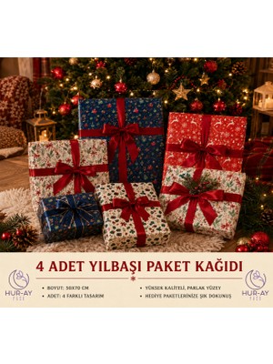 HUR-AY PACK Yılbaşı Hediye Paketi Kağıdı 4’lü Set 50X70 cm – Noel Temalı Christmas Paketleme Kağıdı