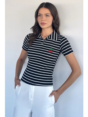 Gülseli Kadın Polo Yaka Çizgi Desenli Nakışlı Tişört P-00022622