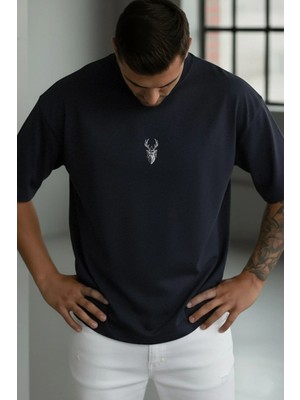 Millionaire Erkek Lacivert Geyik Baskılı Oversize Fit Bol Geniş Kalıp Salaş Kesim T-Shirt