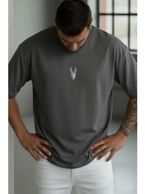 Millionaire Erkek Füme Geyik Baskılı Oversize Fit Bol Geniş Kalıp Salaş Kesim T-Shirt