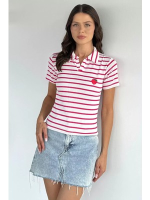 Gülseli Kadın Polo Yaka Çizgi Desenli Nakışlı Tişört P-00022622