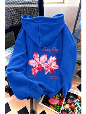 Oksit Sunny Day Botanical Sırt Baskılı Oversize Kapüşonlu Sweatshirt | Çiçek Desenli Şardonlu Kumaş Hoodie
