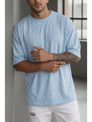 Teenage Millionaire Erkek Mavi Melanj Basic Düz Baskısız Oversize Salas T-Shirt