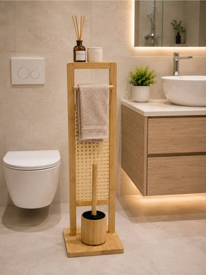 Lumindra Dikdörtgen Bambu Banyo Takımı Tuvalet Kağıtlığı ve Wc Fırça Seti