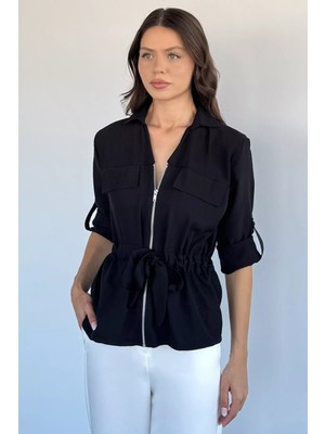 Gülseli Kadın Fermuarlı Kuşaklı Gömlek P-00022601