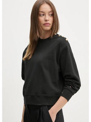 Tommy Hilfiger Kadın Omzu Düğme Detaylı Pamuklu Bisiklet Yaka Çizgili Uzun Kollu Siyah Sweatshirt WW0WW43606-BDS