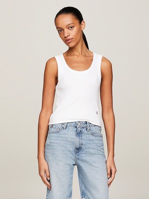 Tommy Hilfiger Kadın Logolu Yuvarlak Yaka  Crop Beyaz Bluz WW0WW41201-YCF
