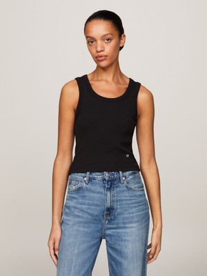 Tommy Hilfiger Kadın Logolu Yuvarlak Yaka  Crop Siyah Bluz WW0WW41201-BDS