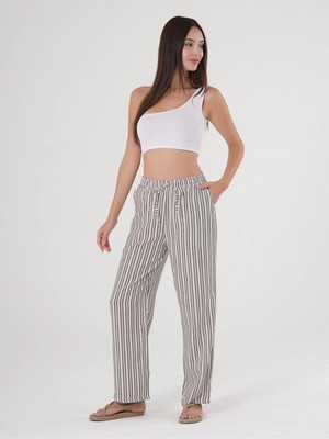 Kozz Style Siyah Çizgili Beli Ayarlanabilir Keten Pamuklu Pantolon