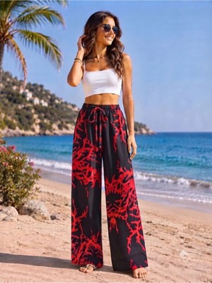 Kozz Style Kadın Dokuma Viskon Rahat Kesim Pantolon Siyah Kırmızı Desen