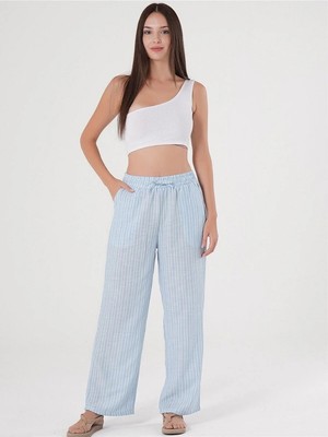 Kozz Style Bebe Mavi Çizgili Beli Ayarlanabilir Keten Pamuklu Pantolon
