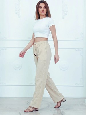 Kozz Style Kadın Pamuk Müslin Kumaş Bolpaça Pantolon Krem