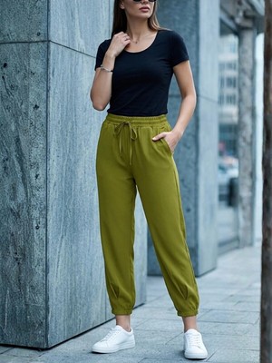 Kozz Style Yağ Yeşili Paça Piliseli Crep Pantolon