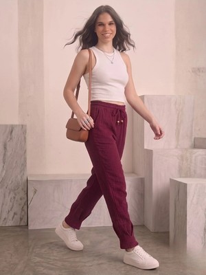 Kozz Style Kadın Bordo Müslin Pamuk Paça Pileli Pantolon