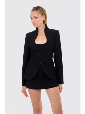 Thalure Kadın Siyah Dik Yakalı Fit Blazer