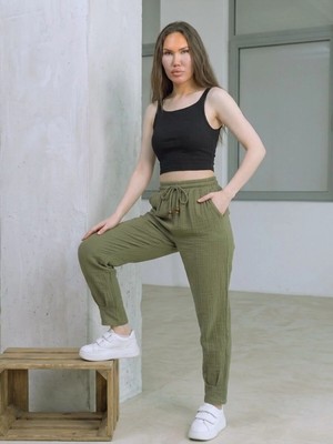Kozz Style Kadın Haki Müslin Pamuk Paça Pileli Pantolon