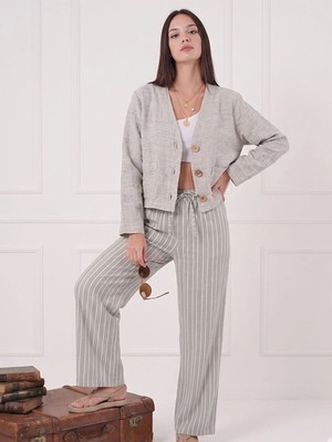 Kozz Style Gri Çizgili Beli Ayarlanabilir Keten Pamuklu Pantolon