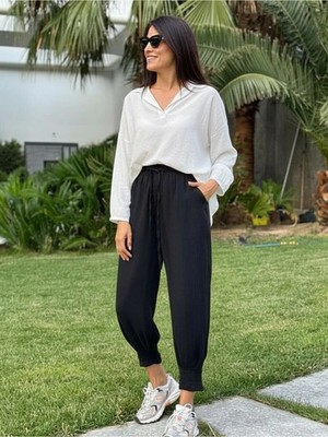 Kozz Style Siyah Paça Piliseli Crep Pantolon
