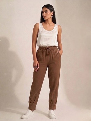 Kozz Style Kadın Kahve Müslin Pamuk Paça Pileli Pantolon
