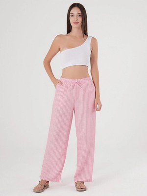 Kozz Style Pembe Çizgili Beli Ayarlanabilir Keten Pamuklu Pantolon