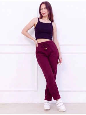Kozz Style Kadın Bordo Müslin Pamuk Paça Pileli Pantolon