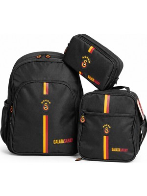 Galatasaray Lisanslı Siyah 3'lü Okul Seti - Çubuk Şeritli Sırt Çantası + Beslenme Çantası + Kalemlik
