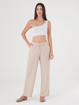 Kozz Style Bej Çizgili Beli Ayarlanabilir Keten Pamuklu Pantolon
