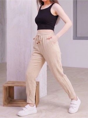 Kozz Style Kadın Krem Müslin Pamuk Paça Pileli Pantolon
