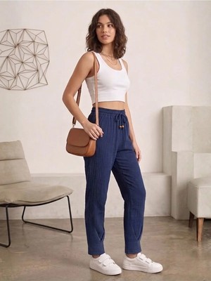 Kozz Style Kadın Lacivert Müslin Pamuk Paça Pileli Pantolon