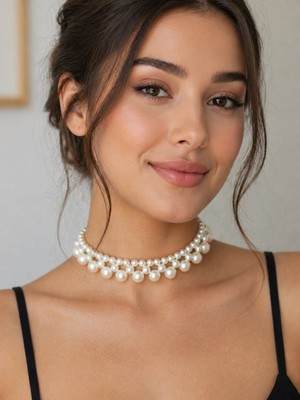 Yağmur Kadın Inci Kolye Choker Model Beyaz Renk Gerdanlık Takı Aksesuar Sevgililer Günü Anneler Günü Doğumgünü Hediyelik Takı Abiyelik Kolye