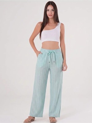 Kozz Style Su Yeşil Çizgili Beli Ayarlanabilir Keten Pamuklu Pantolon