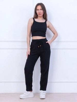 Kozz Style Kadın Siyah Müslin Pamuk Paça Pileli Pantolon