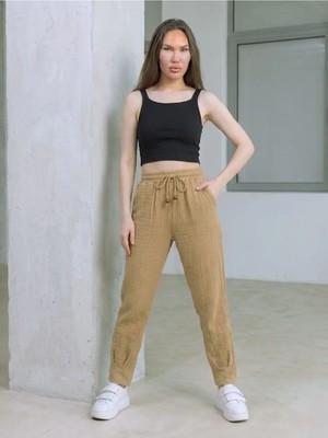 Kozz Style Kadın Vizon Müslin Pamuk Paça Pileli Pantolon