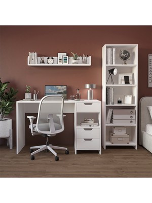 Roewood Trio Kitaplıklı Çalışma Masası Beyaz