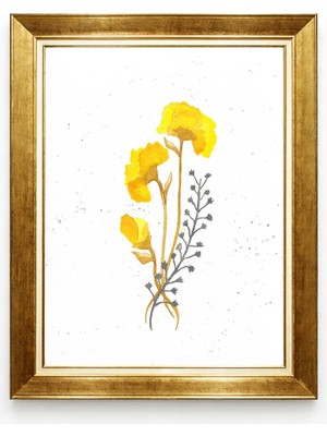 Tablore Minimalist Sarı Çiçek Motifli Sulu Boya Görünümlü Gold Çerçeveli Kanvas Tablo