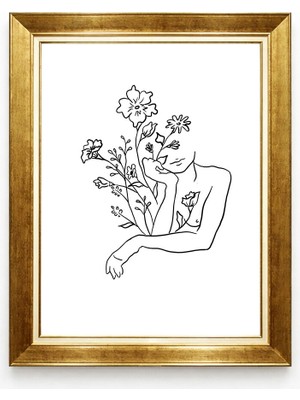 Tablore Minimalist Kadın ve Çiçek Çizimli Altın Çerçeveli Kanvas Tablo Line Art Duvar Dekorasyonu