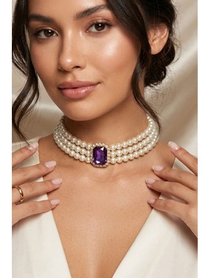 BB Bridal Boutique Cam Incili Gold Kaplama Tasma Taşlı Choker Baget Kolye Özel Tasarım Kolye Renkli Choker Kolye