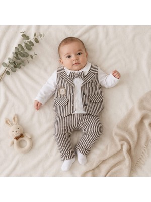 Minilka Bebe Erkek Bebek 1362 Çizgili Yelekli Üçlü Papyonlu Takım 0-3/3-6/6-9/9-12 Ay